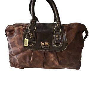 Coach Signature Monogram Satchel Brown, w Leather Handles & Shoulder Strap